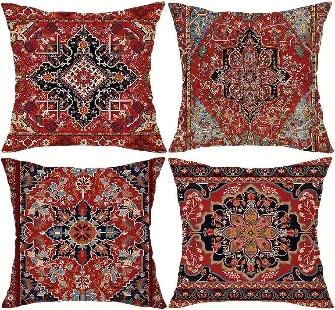 4pcs, Bohemian Ethnic Style Carpet Pattern Throw Pillow Covers, Printed Throw Pillowcase, Throw Pillow Covers Decor, Home Decor, Bedroom Decor, Living Room Decor, 18x18 Pillows Linen Pillowcase