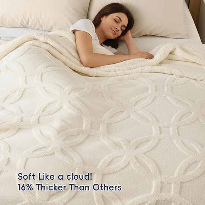 PHF Soft Sherpa Fleece Blanket Queen Size for Bed, 510GSM Fleece Lightweight Yet Warm Blanket, No Shed No Pilling, 90" x 90", Tufted Jacquard Cozy Thick Bed Throw for Home Decor Gift, Cream