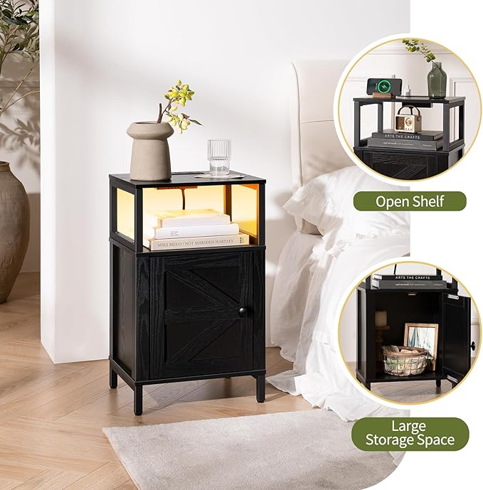 Yoobure Farmhouse NightStand with Charging Station，Wood Night Stand End with USB Ports, LED Bed Side Table with Storage Cabinet，Bedside Table for Bedroom, Living Room Black