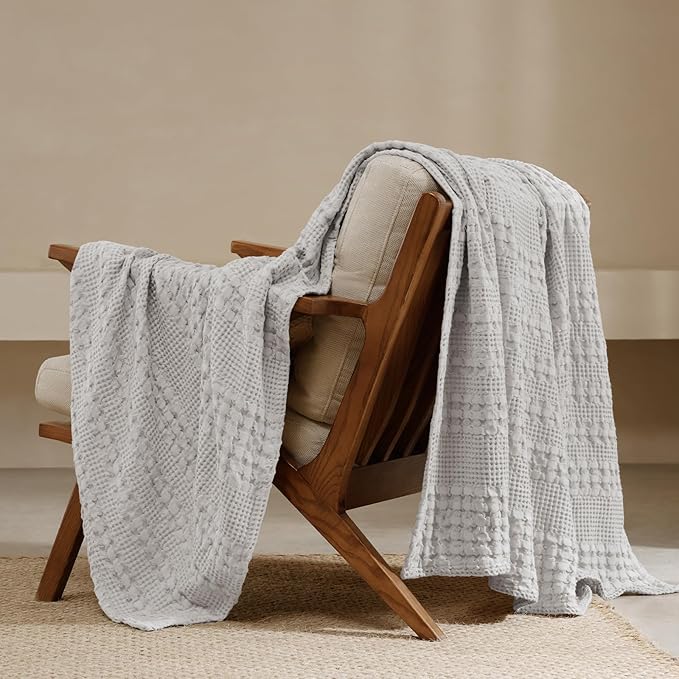 PHF 100% Cotton Waffle Weave Throw Blanket, Soft Lightweight Breathable Cozy Throws for Couch Bed Sofa, Luxury Aesthetic Blanket Gift for Home Decor & Office, 50"x60", Light Grey