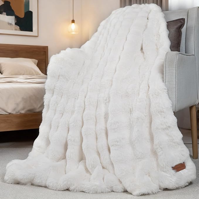 Ultra Soft Plush Cozy Throw Blanket, Foldable Faux Fur Blanket for Couch Spring Travel Camping, Machine Washable Easy Care for Home Bed Office Airplane Car Women, 50" x 60" Cream White