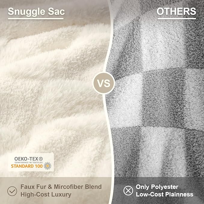Snuggle Sac Checkered Throw Blanket Faux Fur Microfiber Blankets for Couch,Cozy Soft Warm Blanket for Sofa Bedroom Living Room,Solid Ivory,50x60 inches