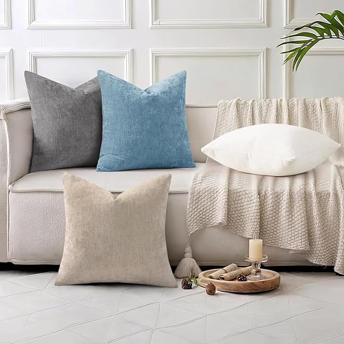 decorUhome Chenille Dark Grey Throw Pillow Covers 18x18 Inch Set of 2, Decorative Soft Couch Pillow Covers Solid Dyed Accent Velvet Farmhouse Neutral Square Pillow Cases for Sofa Bed Living Room