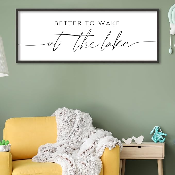 SRSZHIYUE Better To Wake At The Lake Wall Decor Above Bed Sign 40"×15" for Lake House Rustic Bedroom Over Bed Farmhouse Large Wood Framed Home Wall Hanging Art (Black)