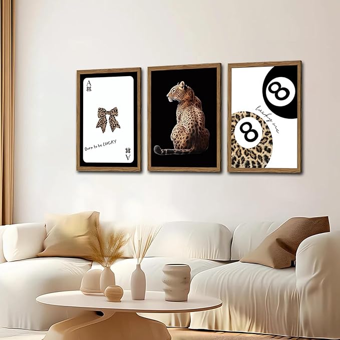 Trendy Cheetah Wall Art Set of 3 Black and White Leopard Bow Wall Decor Painting Lucky 8 Ball Poster Canavs Print Aesthetic for Bedroom Living Room 12x16 inch Wood Framed