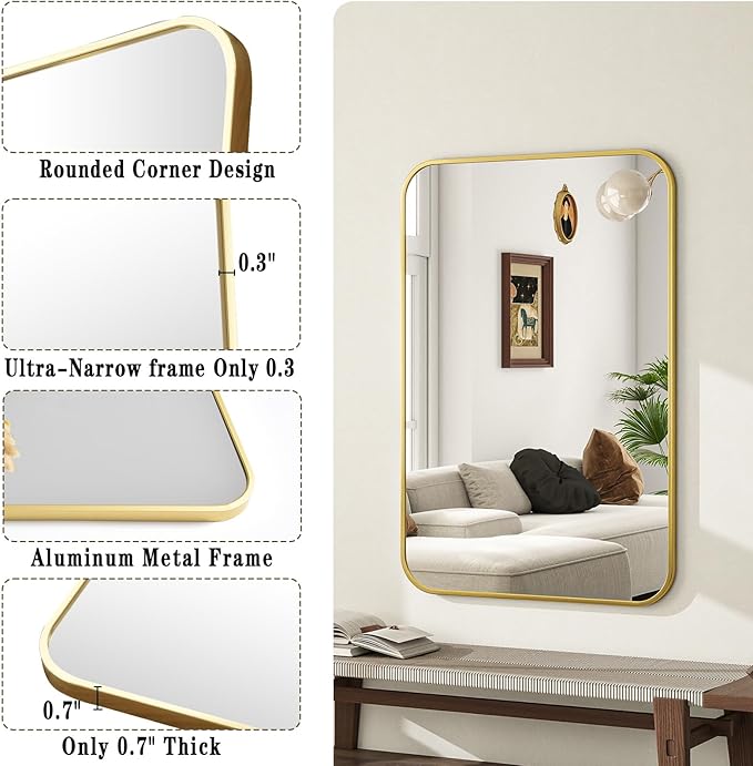 26×38 Inch Bathroom Mirror - Wall Mounted Vanity Mirror with Round Corner Aluminum Alloy Frame, Hanging Horizontally Vertically for Living Room, Bedroom, Hallway as Home Decor, Gold