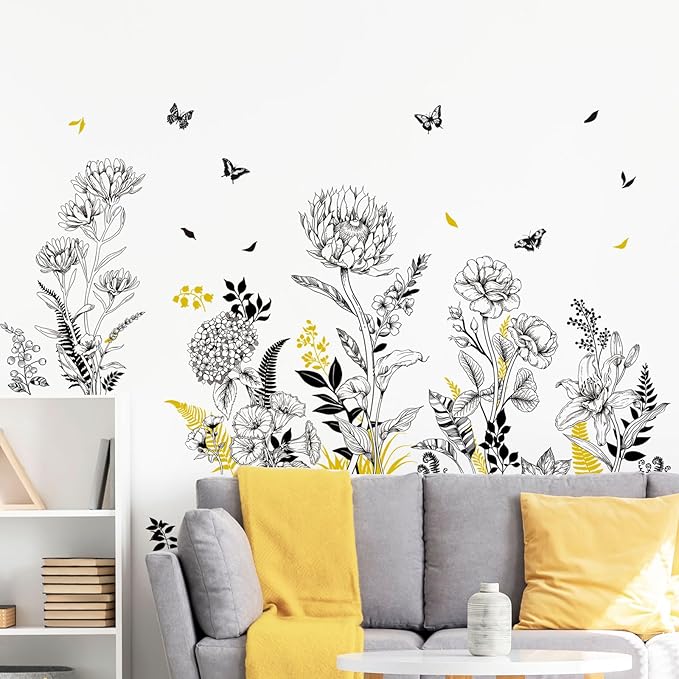 Black Yellow Flower Wall Decals, 3 Sheets Sketch Garden Floral Wall Stickers Simple Line Wildflower Grass Butterflies Art Decor Bedroom Bathroom Hallway Sofa Gifts for Mom(11.8x35.4 in/Sheet)