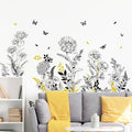 Black Yellow Flower Wall Decals, 3 Sheets Sketch Garden Floral Wall Stickers Simple Line Wildflower Grass Butterflies Art Decor Bedroom Bathroom Hallway Sofa Gifts for Mom(11.8x35.4 in/Sheet)