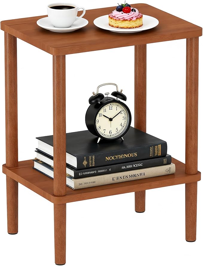 LUCKNOCK Solid Wood Side Table, 2-Tier Small End Table with Storage Shelf, Narrow Nightstand Bedside Table for Small Spaces, Bedroom, Living Room, Farmhouse, No-Tool Assembly.