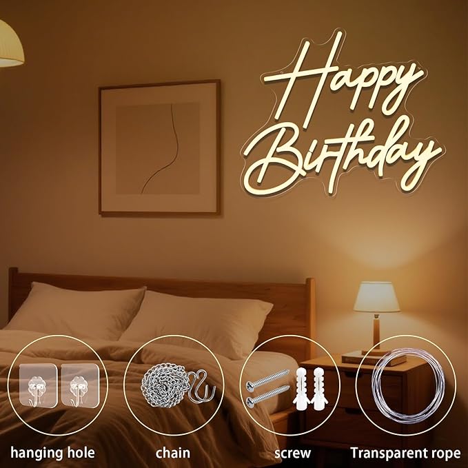 Happy Birthday Neon Sign for Wall Decor, Dimmable LED Happy Birthday Light Up Sign, Happy Birthday Sign for All Birthday Party Decoration Backdrop and Any Ages Bday Celebration, Warm White