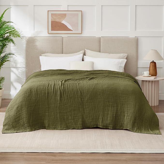 100% Cotton Muslin Blanket Queen 90" x 90", Breathable and Lightweight Cotton Throw Blanket for Bed, Soft Cooling Summer Gauze Blanket for Adults All Season, Olive Green