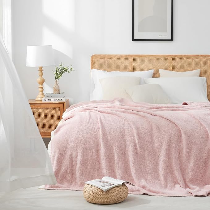 Snuggle Sac Pink Throw Blanket for Couch Bed Sofa 60x80 inches, Reversible Pink Blanket Microfiber Fluffy Fuzzy Cozy Knit Twin Blanket for Women Mothers Birthday Gifts