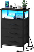 Yoobure Night Stand with Charging Station, 16 Colors LED Nightstand with USB Ports and Outlets, End Table with 3 Fabric Drawers and Storage Shelf, Bedside Tables Small Dresser for Small Space, Black