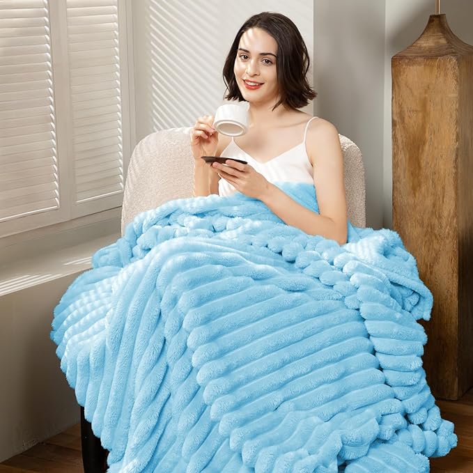 Comelady Fleece Blanket Queen Size for Bed,3D Ribbed Jacquard Warm Fluffy Throw Blanket for Couch Sofa Room Decor-Lightweight Cozy Fuzzy Blanket for All Seasons(Light Blue,90"×90")