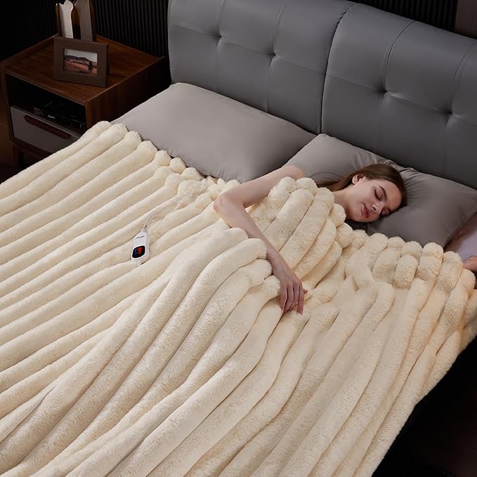 Heated Blanket Full Size, Faux Fur Cozy Heating Blanket with Overheat Protection, 1/2/4/6/8 Hours Auto-Off 10 Heat Level, Machine Washable (72x84 Inches, Cream White)
