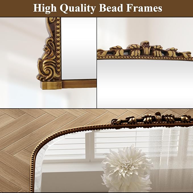 32x24 Beaded Arched Mirror, Bathroom Mirror for Over Sink, Metal Frame Wall Decor for Entryway, Bedroom, Living Room, Gold
