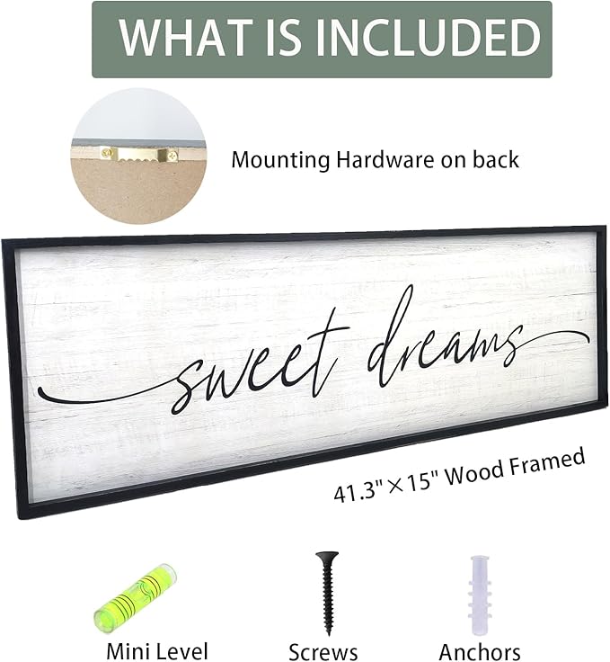 Sweet Dreams Wall Decor Above Bed Large 41''×15'' Farmhouse Wall Decor for Bedroom Guest Room Decor Framed Wood Wall Art Rustic Master Bedroom Wall Decoration 01 (black frame)
