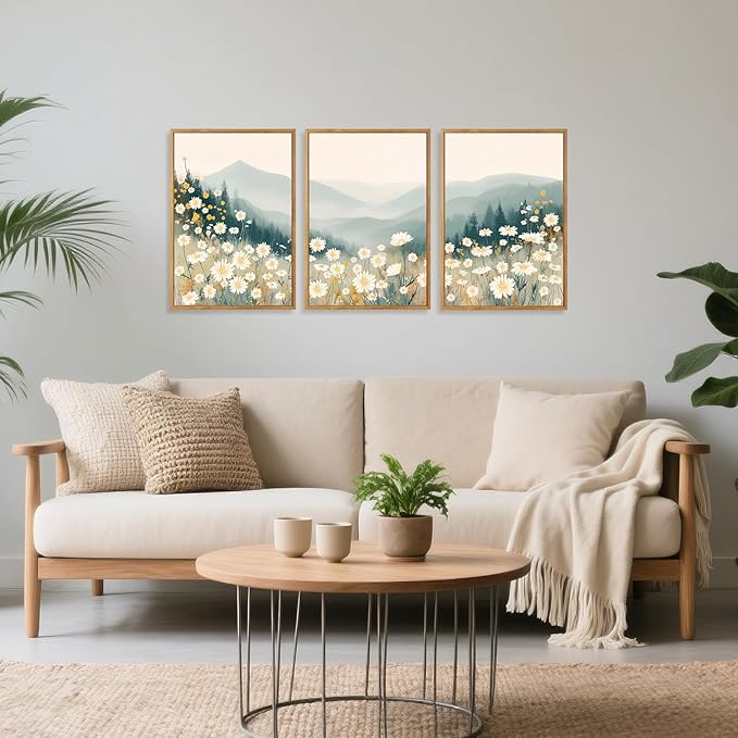 CHDITB Daisy Wall Art, Abstract Misty Mountain Wall Decor, Mountainside Daisies Wall Painting, Farmhouse Flowers artwork Nature Floral Landscape Art Prints for Living Room Bedroom Decor 12"X16"x3