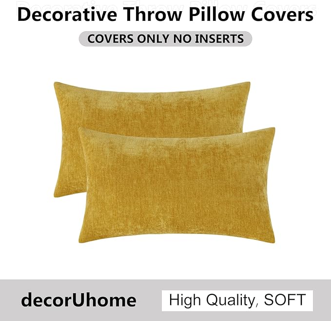 decorUhome Chenille Mineral Yellow Throw Pillow Covers 12x20 Inch Set of 2, Decorative Soft Couch Pillow Covers Solid Dyed Accent Farmhouse Neutral Rectangle Pillow Cases for Sofa