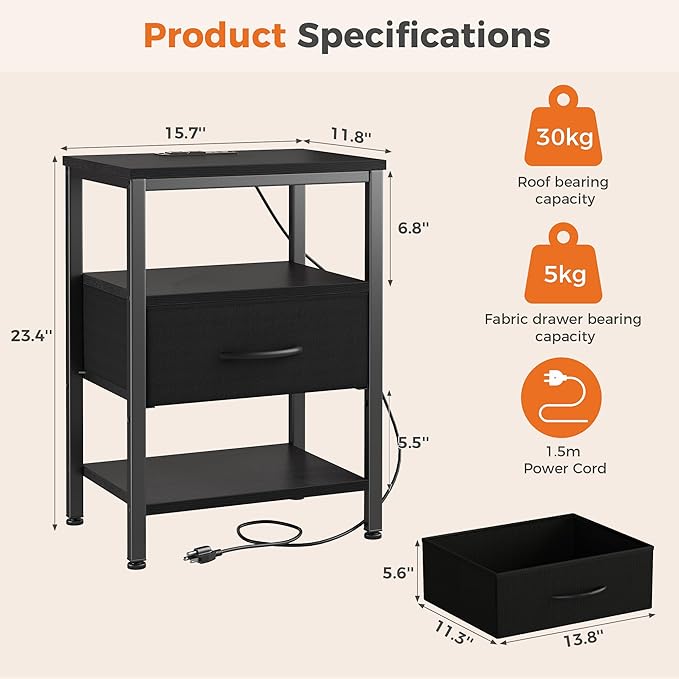 DUMOS Bedside Table with Charging Station and Adjustable Fabric Drawer Compact Nightstand 3-Tier Storage Organizer End Table for Bedroom,Black
