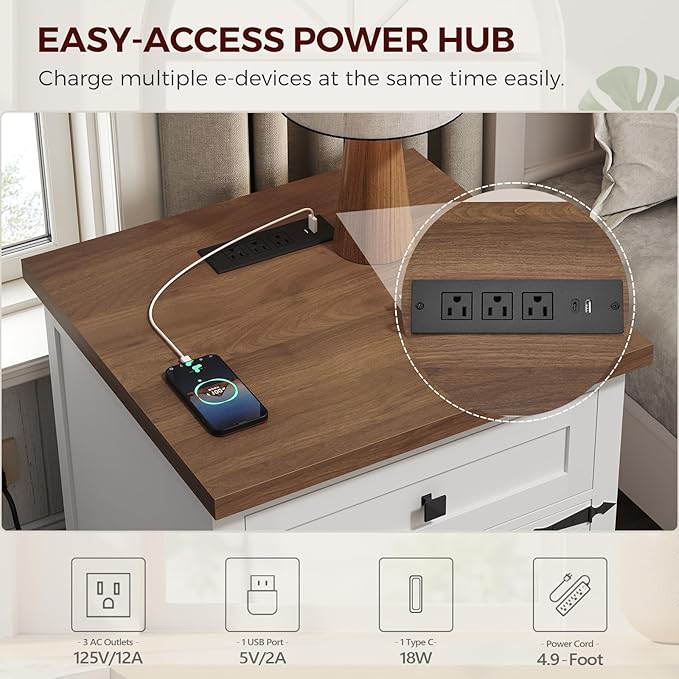 Farmhouse End Table with Charging Station, 23.6" Large End Tables Living Room, Sofa Side Table with Barn Door, Wooden Rectangular Nightstand Bedside Table with Drawer, Walnut ETBZ157E01