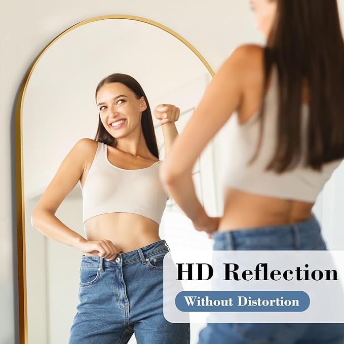 DUMOS Arched Full Length Mirror with Stand Floor Free Standing Aluminum Frame for Bedroom Body Hanging Leaning Modern Simple Home Decor Shatter-proorf Nano Glass Wall Gold 65"x24"