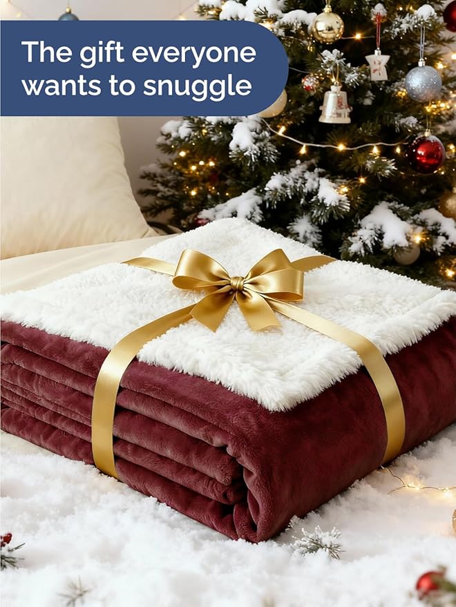 Sherpa Fleece Blanket Throw Size - Reversible Sherpa Fleece Throw Blanket - Super Soft Double Sided for Bed, Sofa, Couch - Thick, Warm, & Plush - Luxurious Bedding for Winter - Burgundy, 50" x 60"