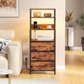 Furnulem Night Stand, Tall Nightstand with 4-Tier Shelves and 3 Fabric Drawers, LED Bed Side Tables with Charging Station, Bedside Table for Bedroom, Hallway, Office, Rustic Brown