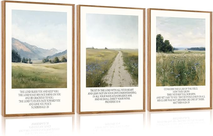 CHDITB Christian Framed Canvas Wall Art Set Of 3, Rustic Landscape Scripture Wall Decor, Religious Nature Bible Verse Wall Painting Botanical Field Art Prints For Home Office Church Decor 12”X16”