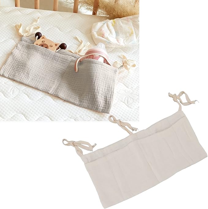 Diaper Caddy, Pure Cotton Cloth Baby Bedside Hanging Storage Bag Diaper Stacker Crib Organizer Hanging for Crib 2 Pockets Adjustable Strap Organizer for Baby Cribs and Toys (Beige)