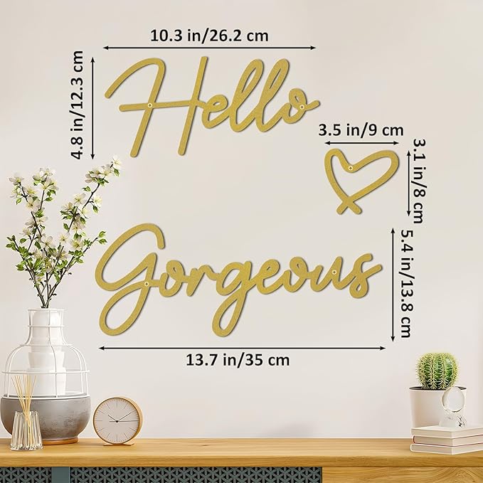 Hello Gorgeous Metal Wall Art Decor Gold Modern Hello Gorgeous Signs Farmhouse Metal Wall Art Hanging Decoration for Bathroom Living Room Bedroom Office Hotel Home Wall Decoration (Gold)