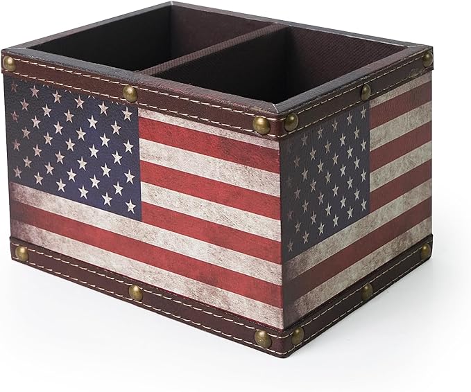 DreamsEden Wooden Remote Control Holder, Leather TV Caddy for Table, Decorative American Flag Organizer Storage Box for Home Office