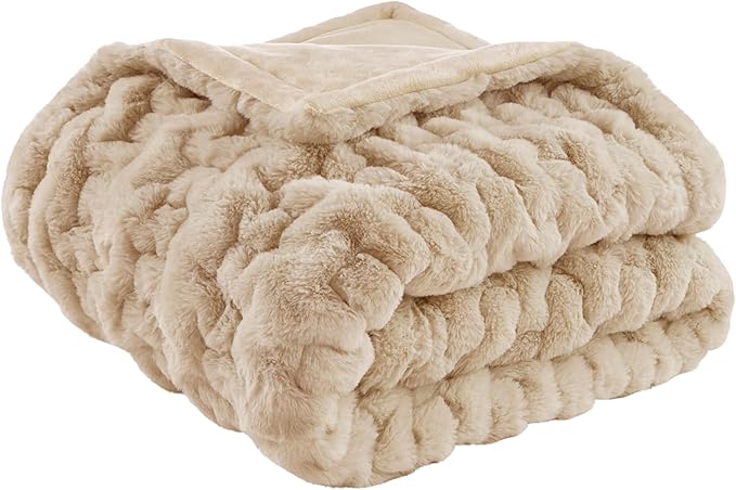 Madison Park Ruched Luxury Throw Premium Soft Cozy Brushed Long Faux Fur for Bed, Couch or Sofa, 50"x60", Tan