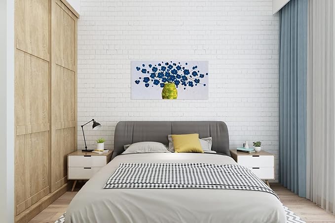 SYGALLERIER Blue Flower Canvas Wall Art in Vase with 3D Hand Painted Textured Modern Aesthetic Botanical Pictures Contemporary Oil Paintings for Living Room Bedroom Dinning Decor