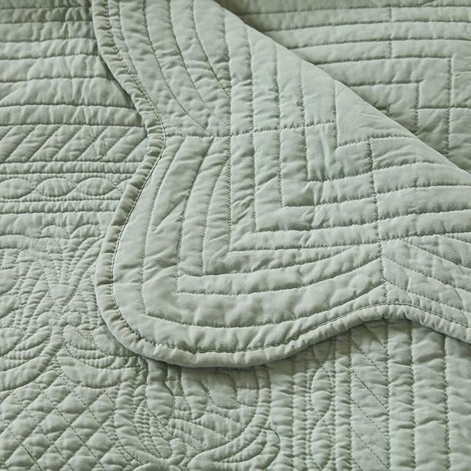 Madison Park Luxe Quilted Throw Blanket - Damask Stitching Design, Cotton Filled Spread, Ultra Soft, Cozy Bedding for Living Room Couch, Sofa, Bed, 60x72", Scalloped Borders Seafoam