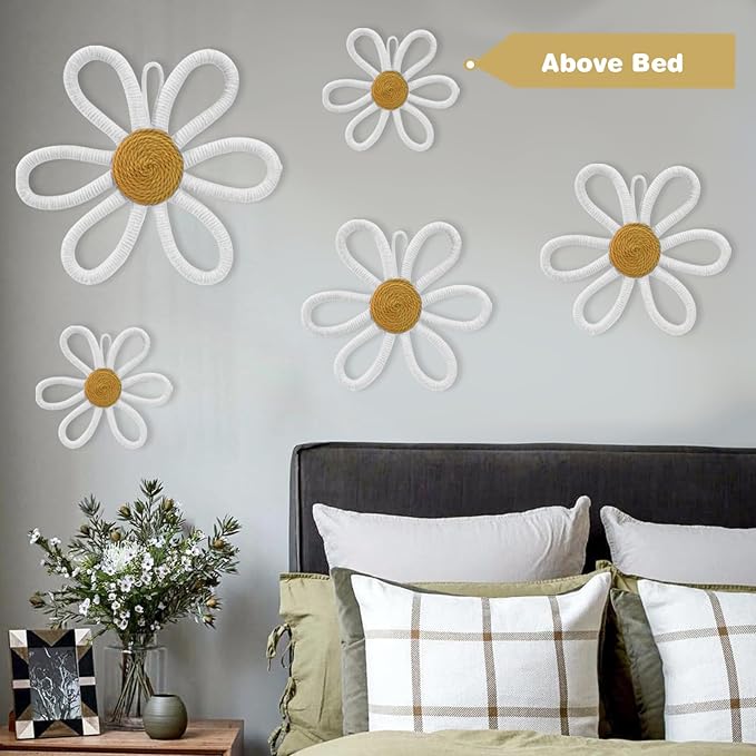 6 Pcs Boho Nursery Daisy Wall Decor, Woven Flowers Wall Hanging Art, White Boho Floral Room Decor with Lanyard for Office, Toddler Baby Little Girls Kids Home Bedroom Above Bed Decorations (White)