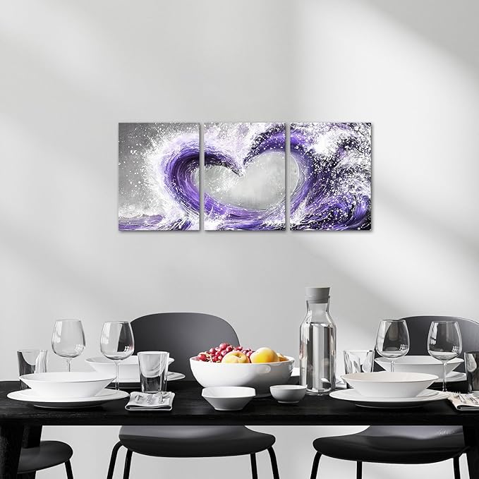 HOMEOART Bedroom Wall Art Ocean Wave Painting Love Sign Wall Decor Framed Artwork Bathroom Bedroom Living Room Decor (Purple)