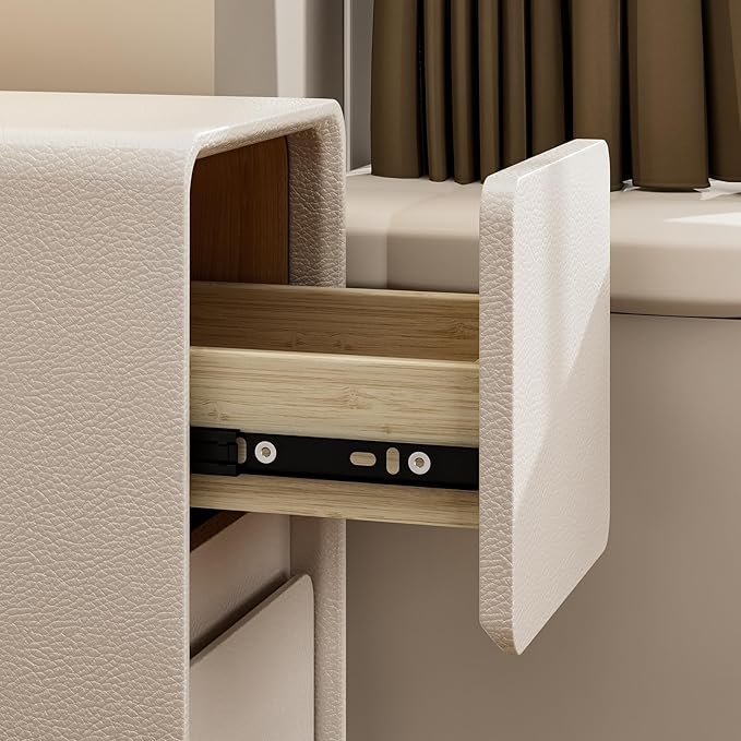 VICITON Modern Narrow Faux Leather Nightstand, Solid Wood Drawer, Storage Accent Table, Small Side End Table for Bedroom (Cream White, Nomal(12 inch))