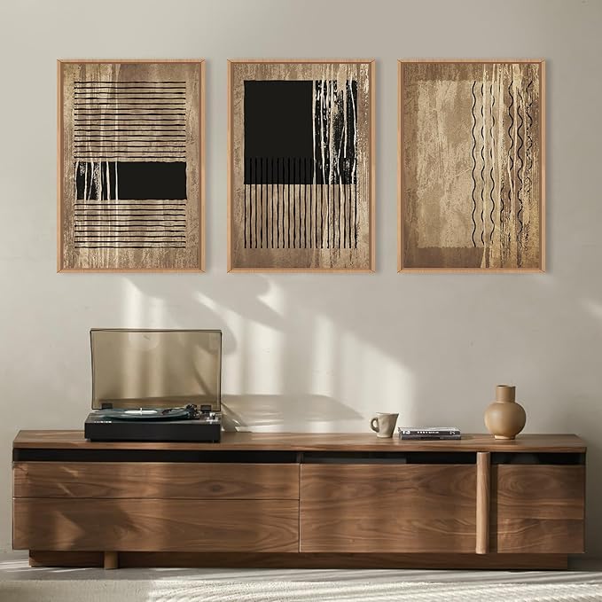 CHDITB Abstract Line Wall Decor, Vintage Black Brown Framed Canvas Wall Art, Mid Century Modern Art Print Home Decor, Boho Neutral Minimalist Painting For Living Room Bedroom Dining Room Office 16"x24