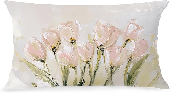 Vintage Pastel Tulip Floral Lumbar Pillow Cover 12x20 Double-Sided, Farmhouse Spring Decor, Abstract Floral Botanical Decorative Throw Pillow Cover for Living Room Home Bedroom