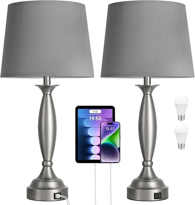 25.5" Lamps for Bedrooms Set of 2 - Touch Bedside Lamp with USB C+A, 3 Way Dimmable Nightstand Lamps with USB Port, Brushed Nickel Table Lamp for Living Room Bed Side End Table（bulbs included）