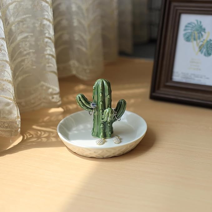HOME SMILE Ceramic Cactus Ring Holder Cactus Ring Dish for Jewelry Cactus Decor for Friend Sister Birthday Wedding Anniversary Bridal Engagement Valentine's Gift for Women