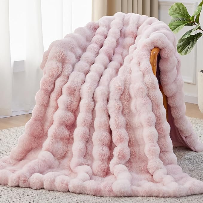 Faux Fur Throw Blanket, 1000GSM Fluffy Soft Bubble Blanket for Couch Bed, Cozy Plush Warm and Thick Blanket, Fuzzy Rabbit Throw for Living Room Bedroom 90''*104'' Pink