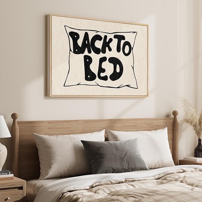 Framed Bedroom Wall Art for Room Wall Decor, Large Back to Bed Typography Canvas Artwork for Walls, Funny Quote Black and White Picture Print for Nursery Guest Room Hallway Wall Decor, 24x36 Inch