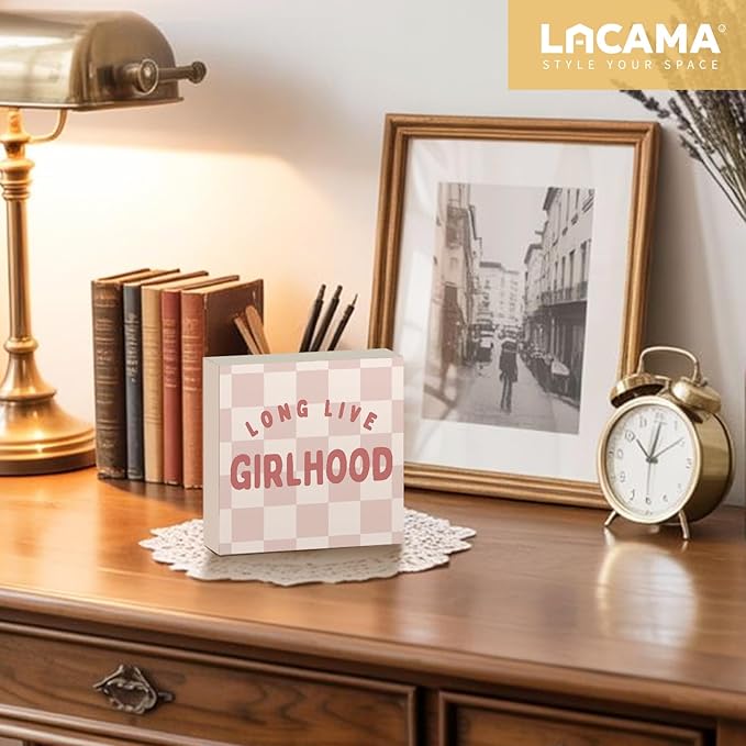Lacama Girls Room Wooden Box Sign, Long Live Girlhood Decorations Wood Block Signs, Retro Pink Checkered Wood Sign for Toddler Girls Nursery Room Bedroom Desk Shelf Wall Decor 5x5 Inches