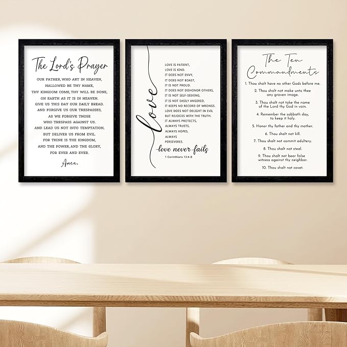 comurdyo Christian Bible Verse Wall Art 24"×16" Set of 3 Positive Religious Minimalist Quotes Sign for Rustic God Jesus Christ Prayer Inspirational Catholic Scripture Decor Wood Framed Hanging (Black)