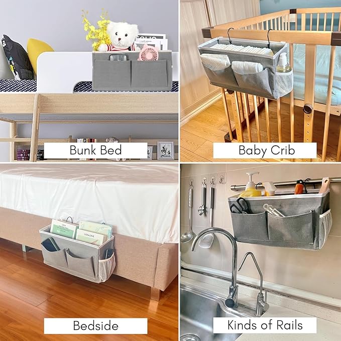 Premium Linen Hanging Bedside Caddy Organizer – Multi-Pocket Bedside Storage for Bedroom, Dorm & Hostel | Bedside Hanging Basket for Books, Remote, Mobile, Glasses & Essentials(HANGGING BAG)