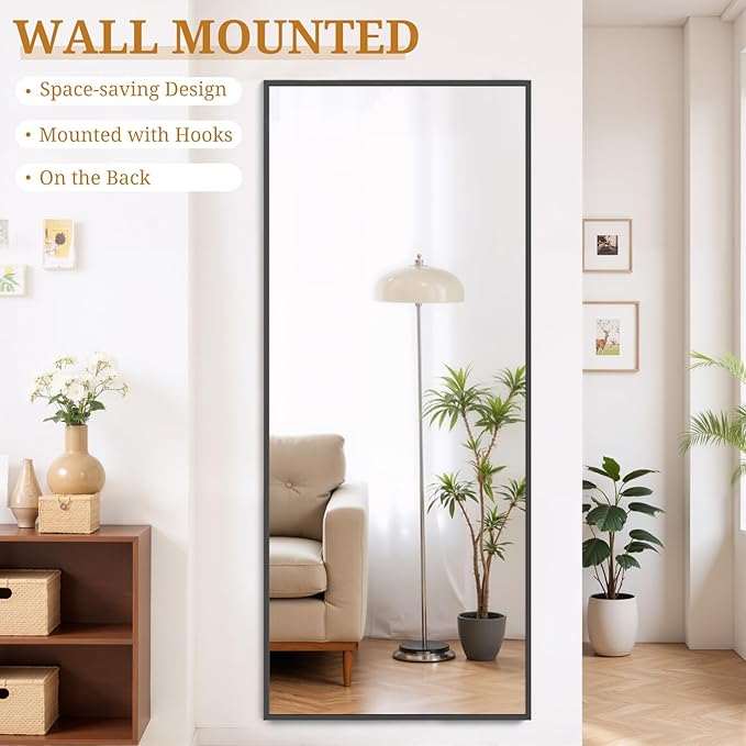 Full Length Mirror 68"x26" Full Body Mirror Rectangle Free Standing Wall Mounted Leaning Floor Mirrors with Stand Aluminum Alloy Frame for Bedroom Cloakroom, Black