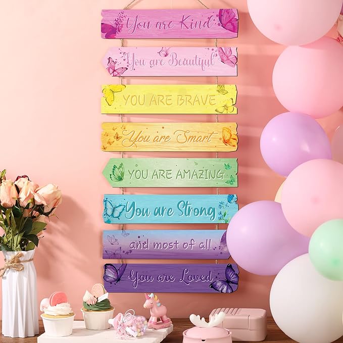 Inspirational Girl Room Decor Aesthetic Art Wall Hanging Sign Inspiring Colorful Rainbow Wooden Decoration for Kids Teens Toddler Boy Baby Bedroom Nursery Dorm Decor, 6-12 Years old (Butterfly)