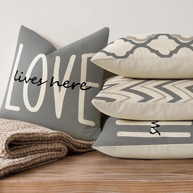 YCOLL Farmhouse Throw Pillow Covers 18x18 Set of 4 Rustic Linen Square Decorative Cushion Covers for Couch Sofa Bedroom Home Decor